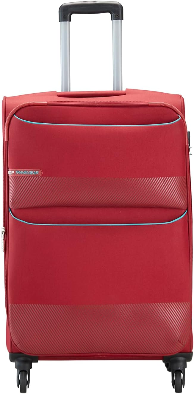VIPEssencia Durable Polyester Soft Sided Check-in Trolley Bag Luggage Spinner Dual Wheels with Quick Access Front Pockets (Medium, 69cm, Red), Red, 68 Cm, Central Softside Luggage with Spinner Wheels