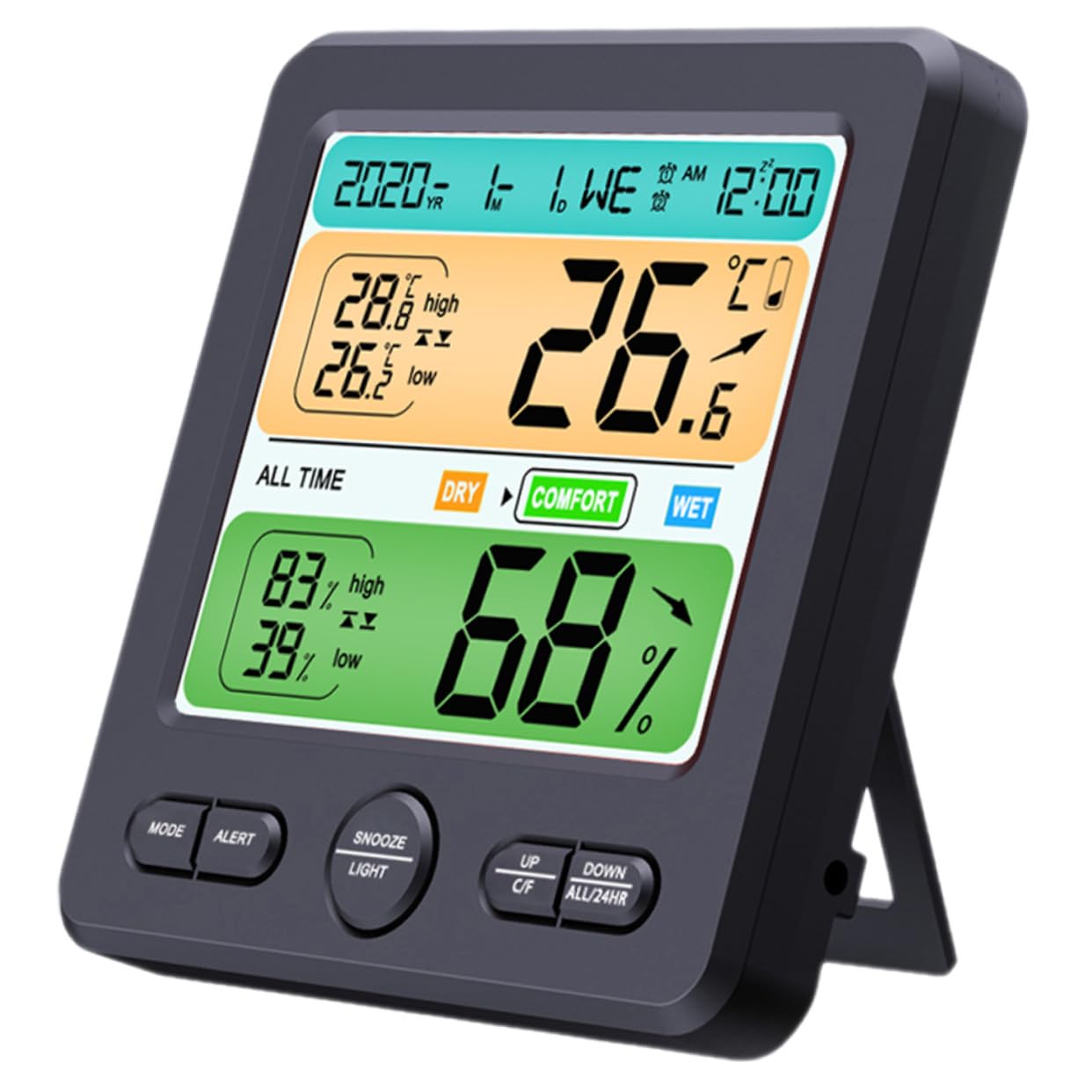 Artibetter Digitales Hygrometer mit Uhr, Großes Display, Kunststoff, Schwarz