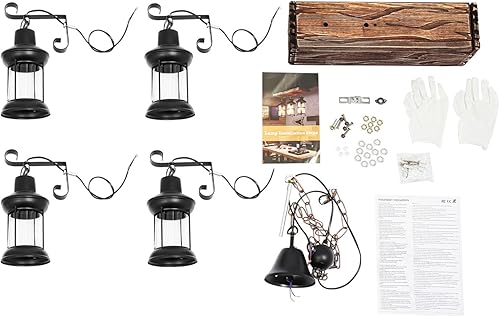 Miniatura 9 de Lámpara colgante industrial vintage de madera, lámpara colgante de madera con base de 4 bombillas, lámpara de linterna para cafetería, bar,