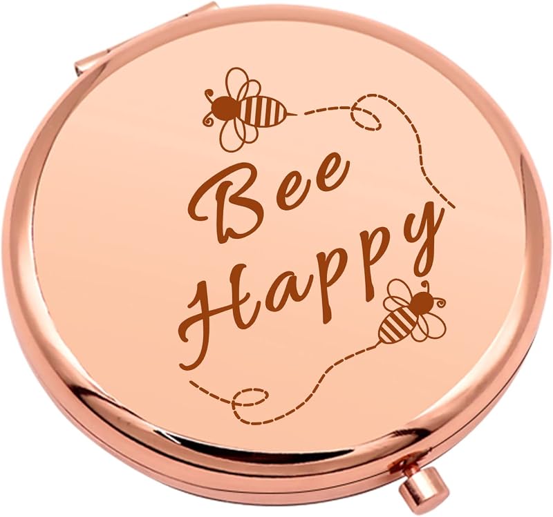 Espelho compacto dobrável Mwphuy com tema de abelha, aço inoxidável, moldura rose gold, 6,6 cm
