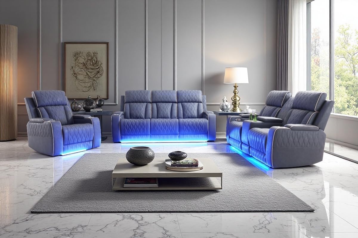 Power Recliner Sofa Set with LED, 3 Pieces Sectional Couch, Sandad Leather Living Room Furniture Sets, Modern Power Reclining Couch Leather Sofa with USB Ports/Cup Holders/Armrest Storage