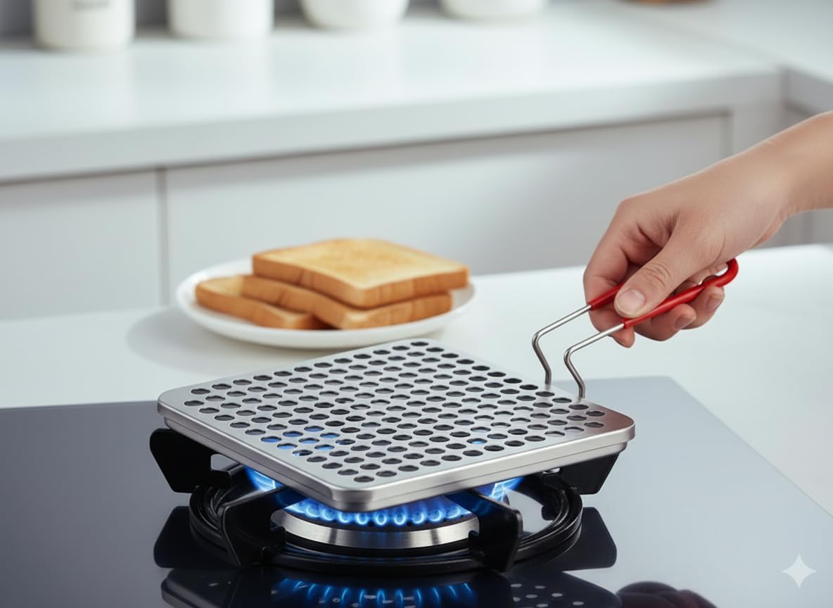 Grille-pain manuel inox pour gaz – Toaster camping et BBQ 22 x 22 cm avec manche isolant pliable – Pour griller pain, arepas, tortillas et viennoiseries à la maison ou en plein air