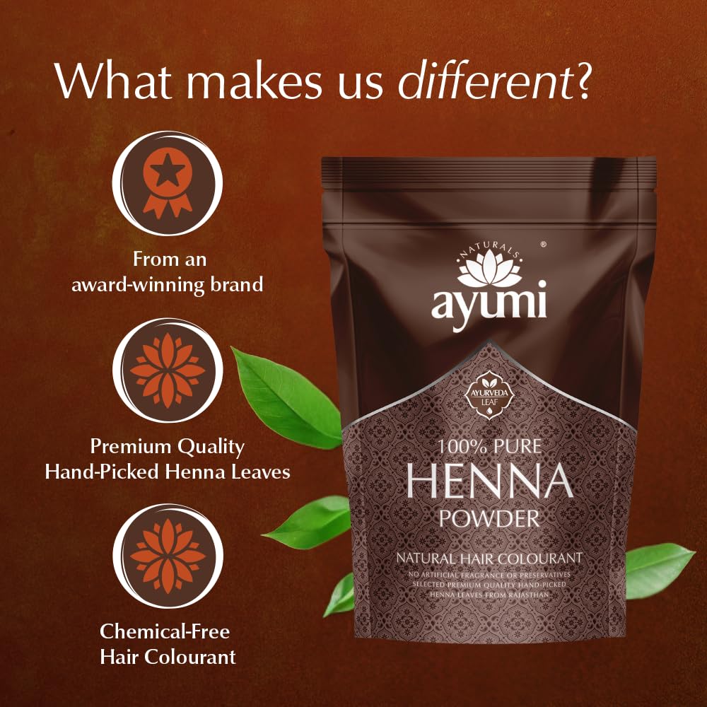 Ayumi Pure Henna Hair Dye (Mendhi), 7.05 Oz | Henna Hair Powder | 100% Natural Dark Red Hair Dye | Hair Texture Powder for Semi Permanent Hair Color | Red Henna Hair Color for Women |Beard Dye for Men
