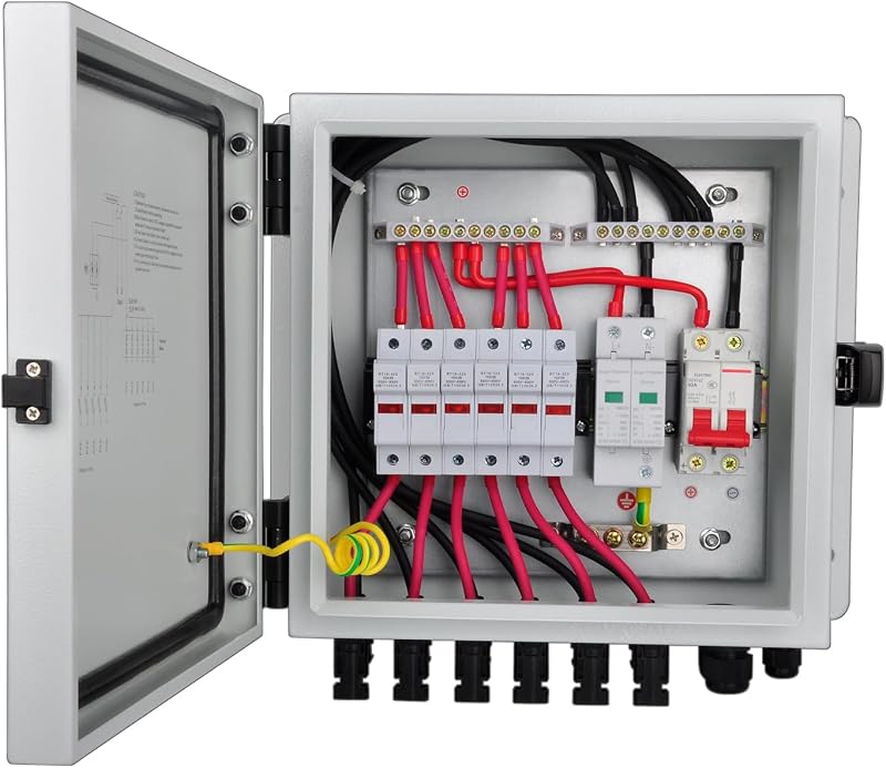Caixa combinadora solar fotovoltaica metálica PowGrow para 6 strings, fusíveis de 15 A e disjuntor de 63 A