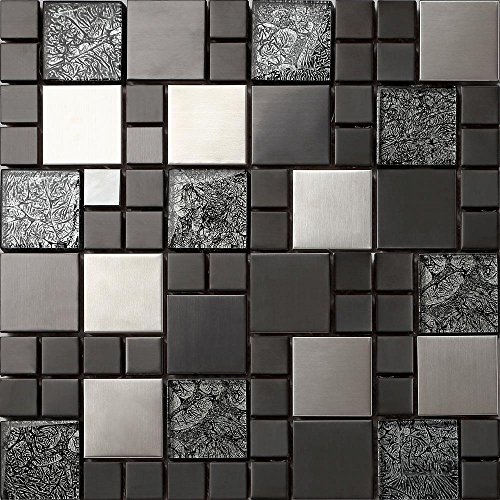 Grand Taps Hong Kong Black Silver Glass & Brushed Stainless Steel Mix Mosaic Tile (MT0002) (1 Sheet)