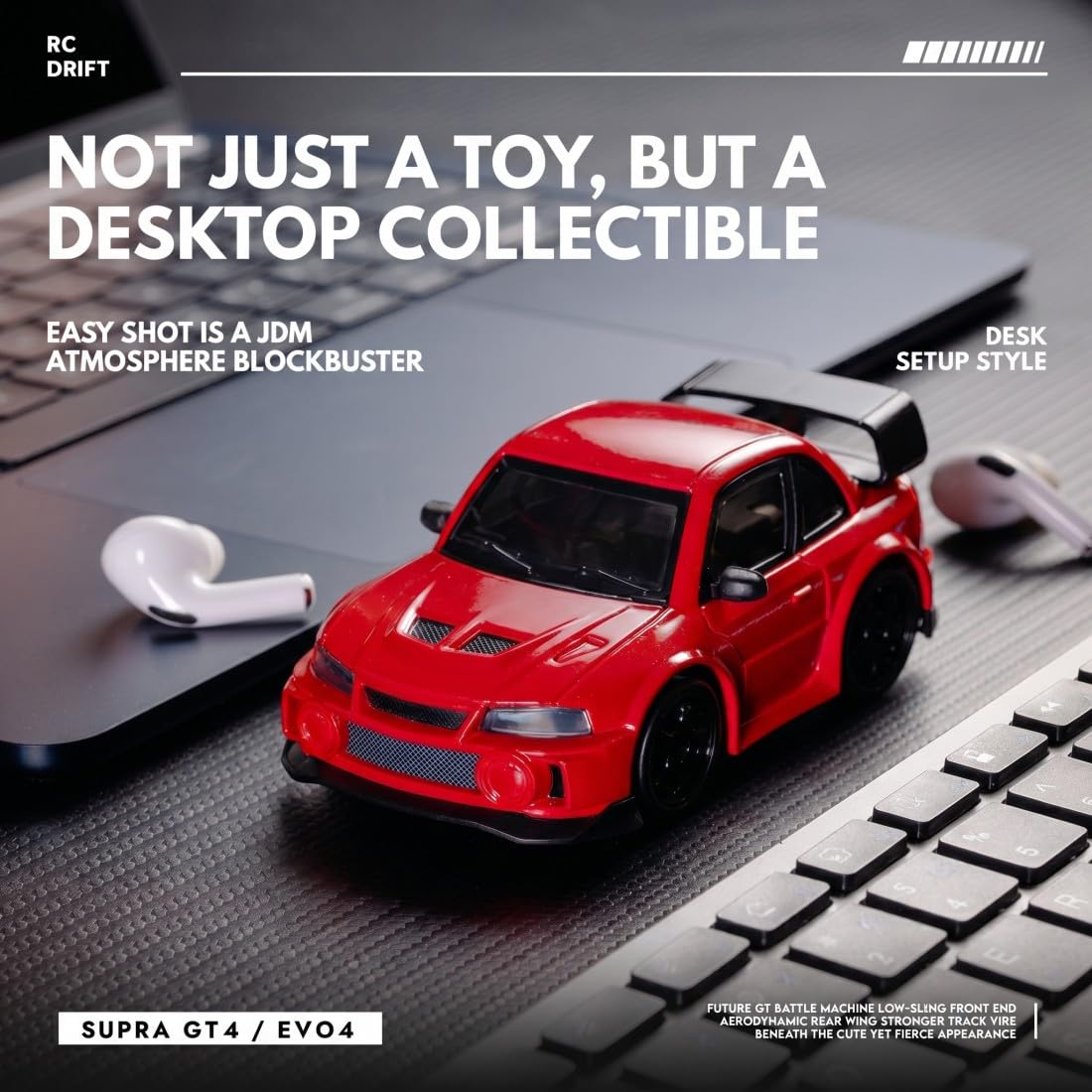 NULA Mini auto RC Drift per scrivania, corse indoor e pavimenti, 1:43, 4WD con controllo proporzionale del gas da 2,4 GHz, luce LED per adulti hobbisti (rosso/CZ4106)