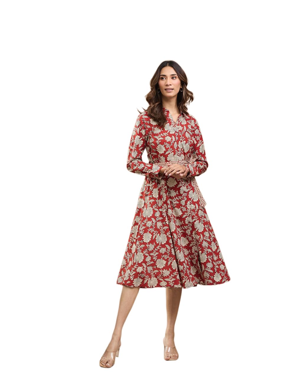 Women Fabindia Women's Red Cotton HB Floral Comfort Fit MIDI Dress-picture-11