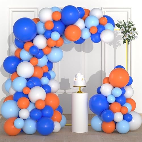 Kit de arco de guirnalda de globos azules, naranja y blanco, 122 globos blancos de color azul rey y naranja para cumpleaños, baby shower,