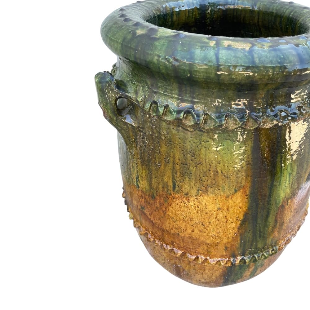 Marokkanische Vase Tamegroute, Amphore, handgefertigt, aus Keramik, Grün und Ocker, 38 x 38 x 62 cm