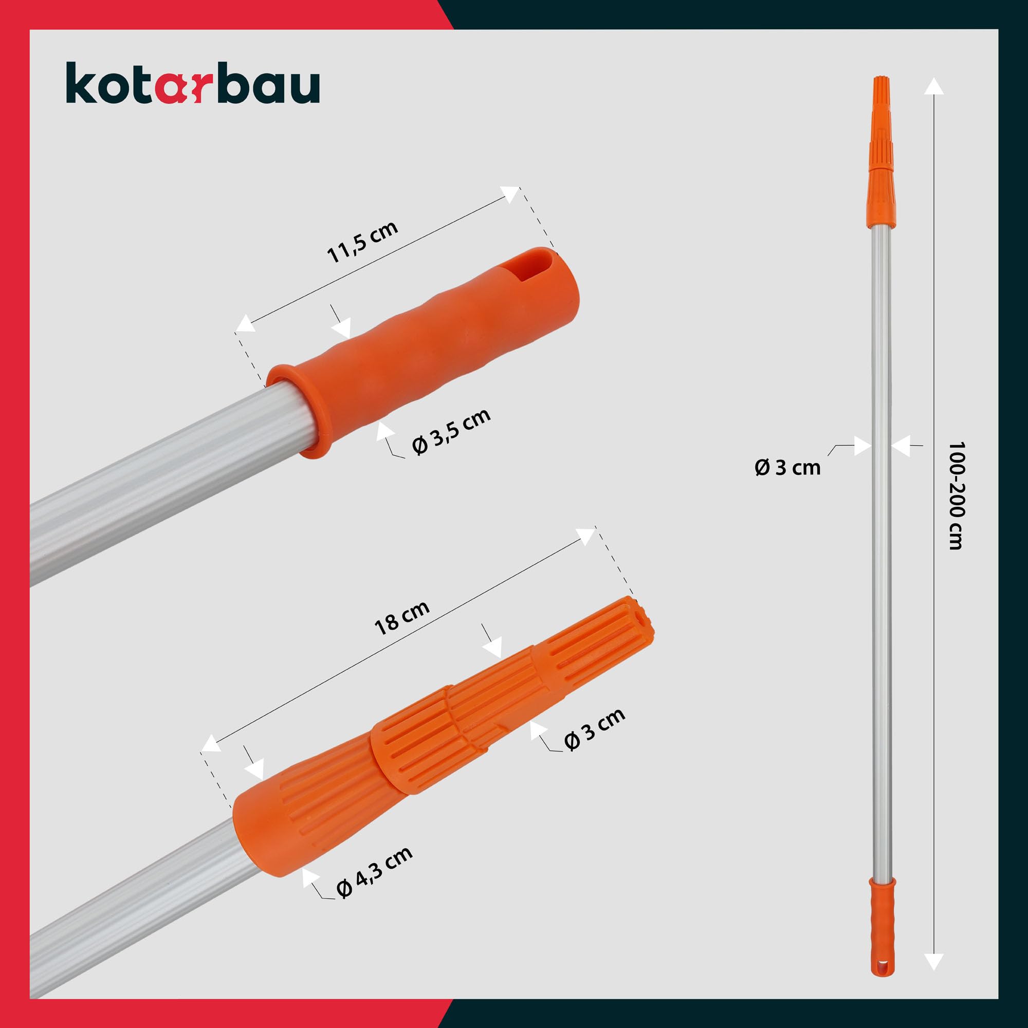KOTARBAU® Tige Télescopique en métal Aluminium pour Rouleaux de Peinture 100-200 cm | Perche Peinture | Perche Rouleau Peinture | Perche Telescopique Peinture | Manche Telescopique Peinture