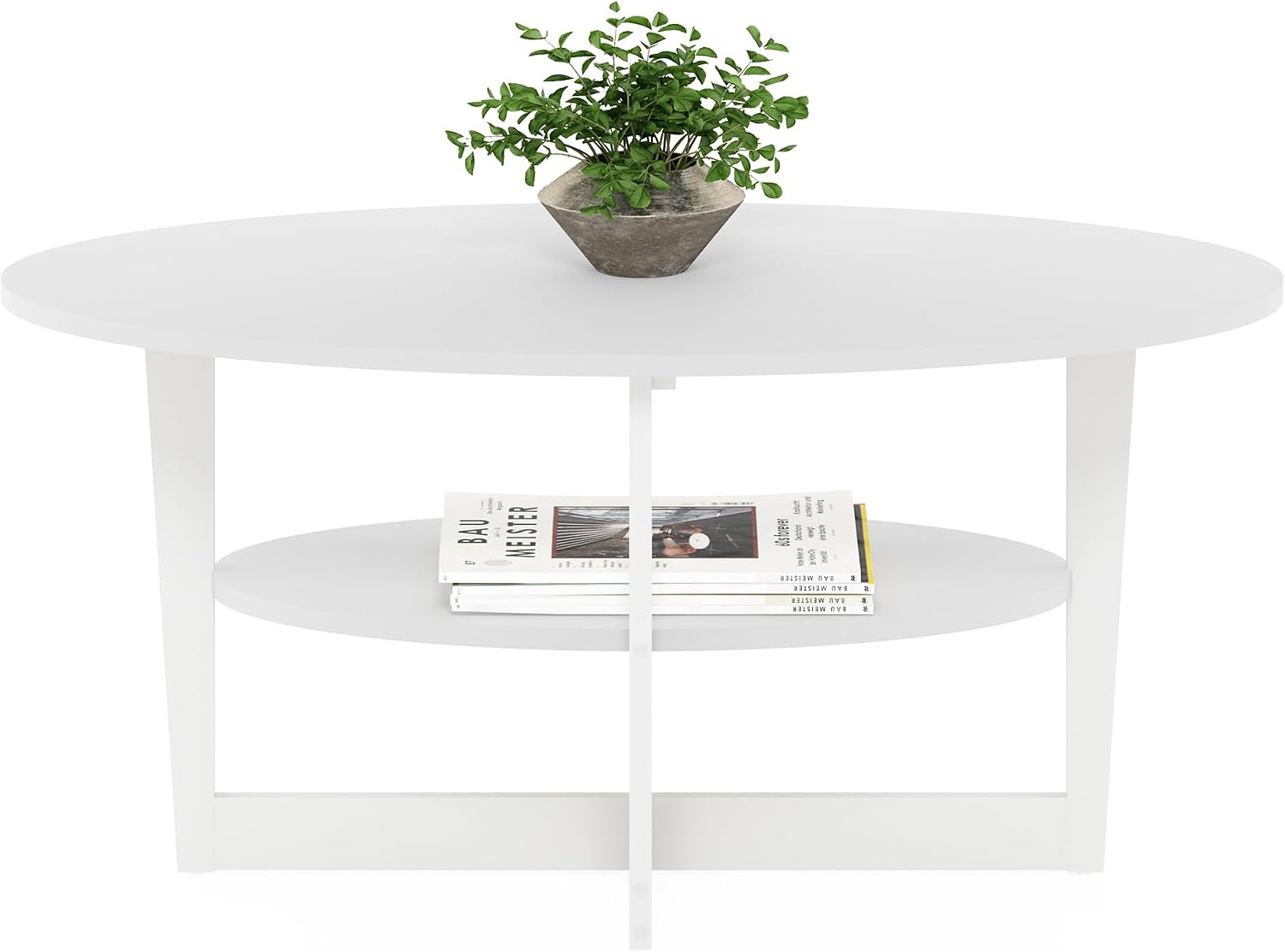 Furinno Jaya 2-Tier Round Coffee Table, Small White Coffee Table with Storage Shelf, Oval Center Table for Living Room, Bedroom, Home Office, Plain White