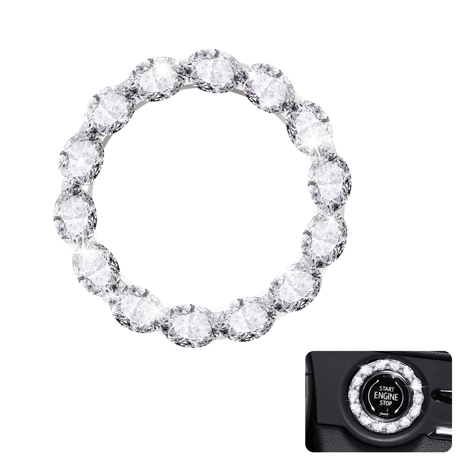 Car Bling Push Start Button Cover, Shiny Car Start Button Decoration Ring, Engine Start Stop Trim Ring Sticker, Sparkling Vehicle Interior Accessory for Women (White)