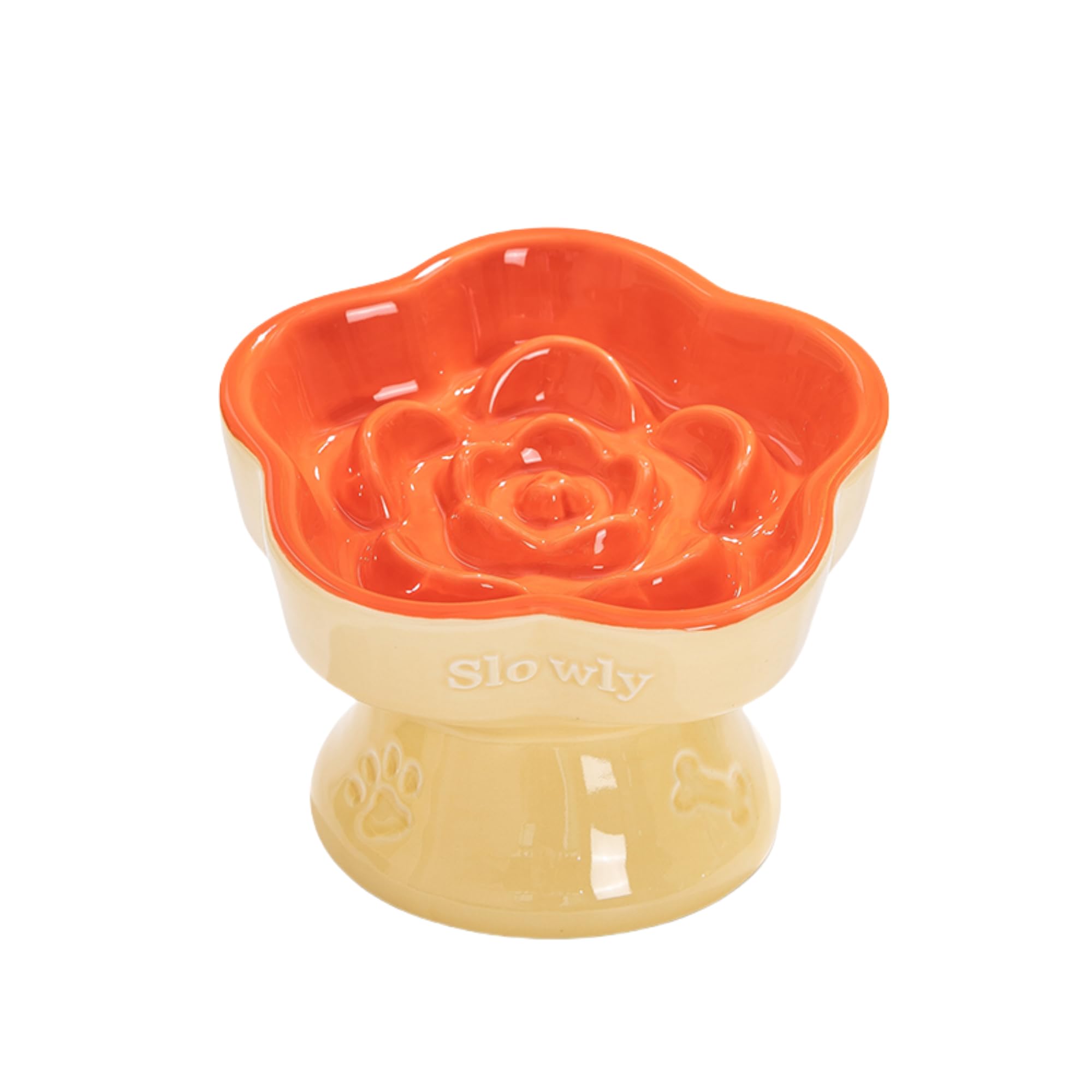 Aquainno Ceramic Raised Slow Feeder Cat Bowl, Elevated Tilted Anti-Vomiting Pet Bowl for Cats & Small Dogs - Cute Flower Design, Non-Slip Base, Shallow Wide Dish for Dry/Wet Food (Orange, 5.8 Inch)