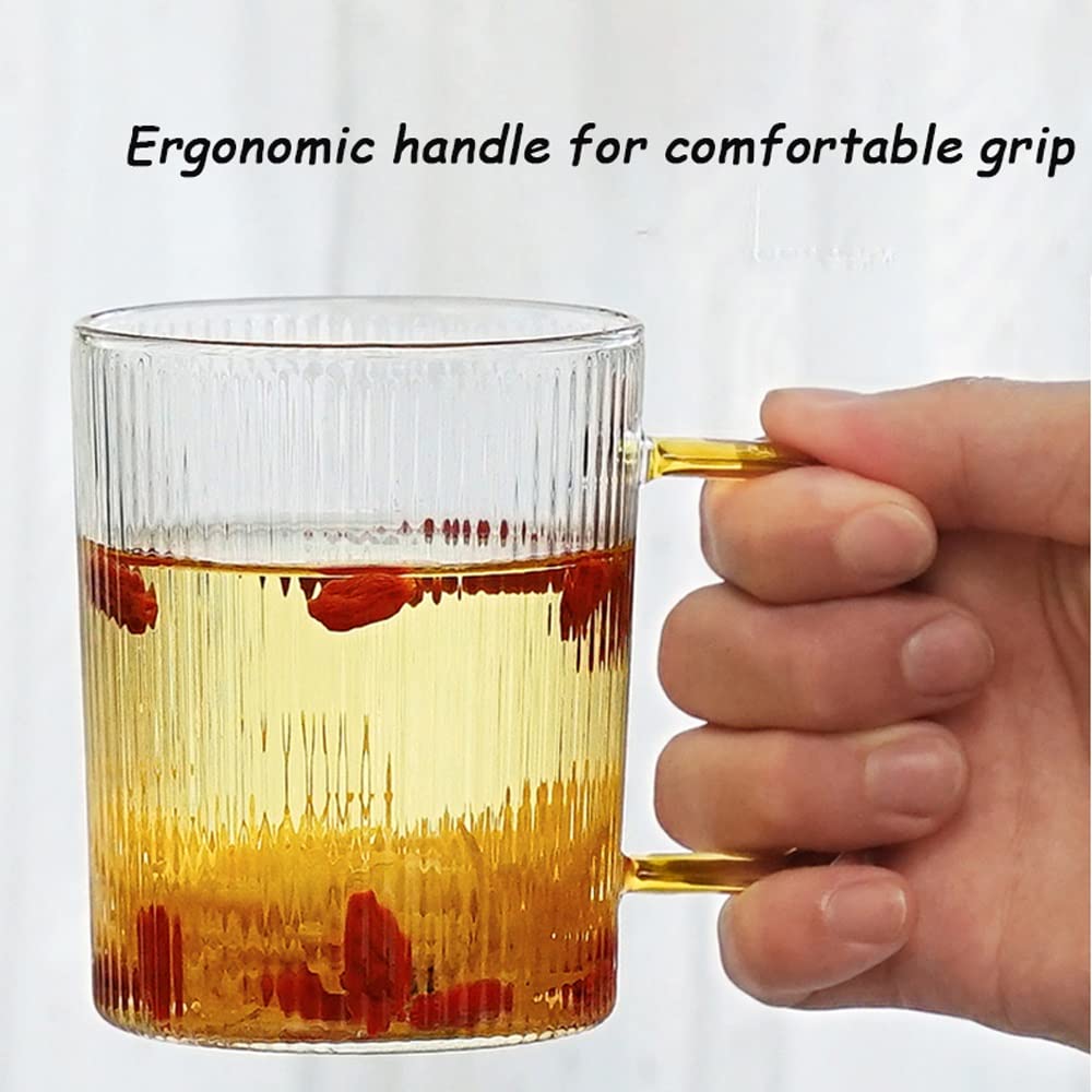 Tasse En Verre, Tasse À Thé En Verre Sans Plomb De Grande Capacité 2 Ensembles De Tasses En Verre Avec Rayures Verticales Et Poignées, Convient For L'eau, Le Lait, Le Café, Le Thé, 340ML
