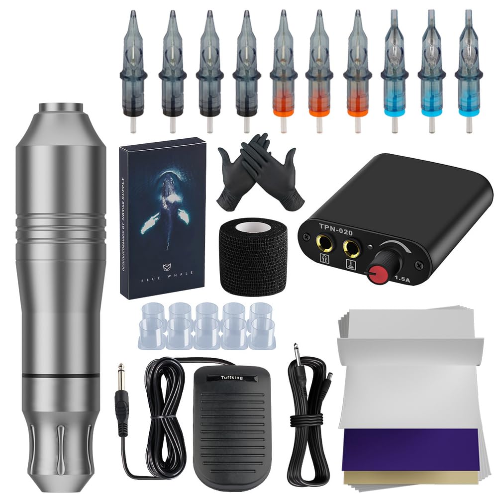 Kit de stylo de tatouage rotatif avec alimentation réglable-ensemble de machine à tatouer avec pédale, aiguilles à cartouche 1RL et accessoires,Argent