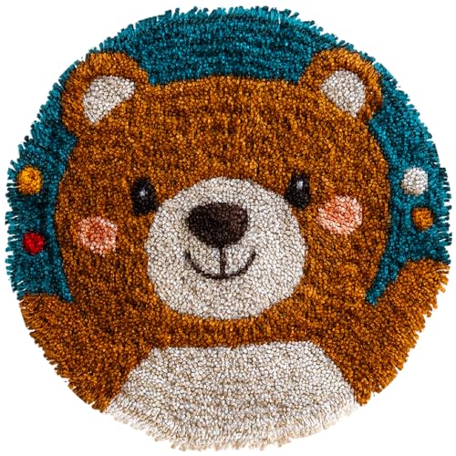 Latch Hook Rug Kit Cute Bear Easy for Beginners Round Shape Carpet Crochet Yarn Craft Mini Rug DIY Hook and Latch Little Tapestry for Home Decor 30x30cm-1