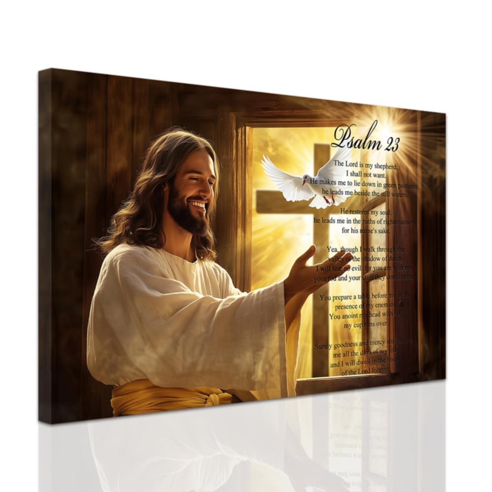 ZXHYWYM Christian Wall Art Psalm 23 Pictures Bible Verses Wall Canvas Scripture Painting Jesus Prints Inspirational Artwork for Office Home Framed (60 x 90 cms)