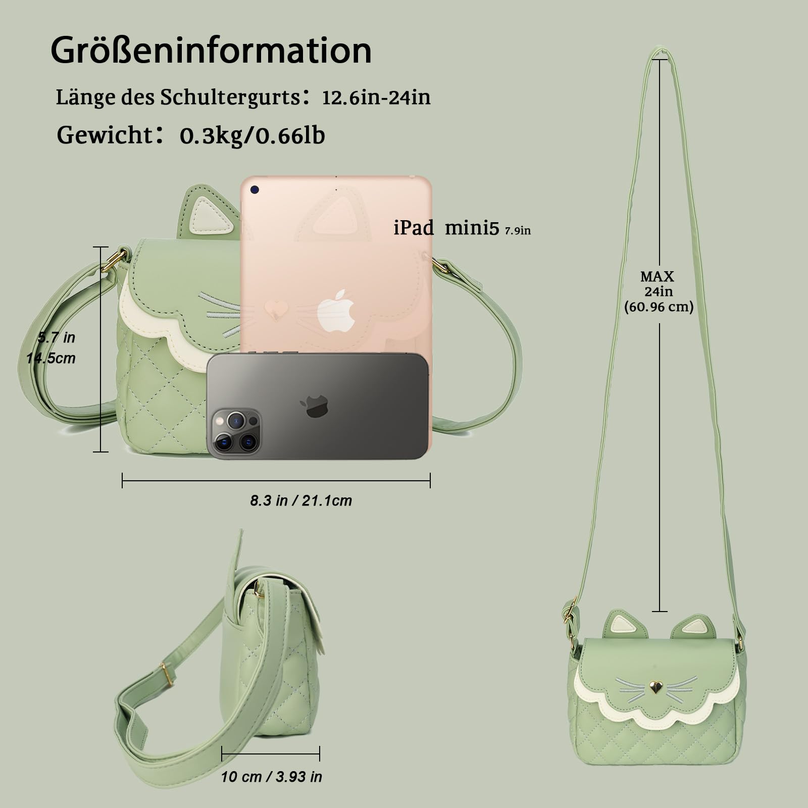Gladdon Borsa a tracolla per gatti, borsa a tracolla regolabile, per adolescenti, ragazze e donne, verde