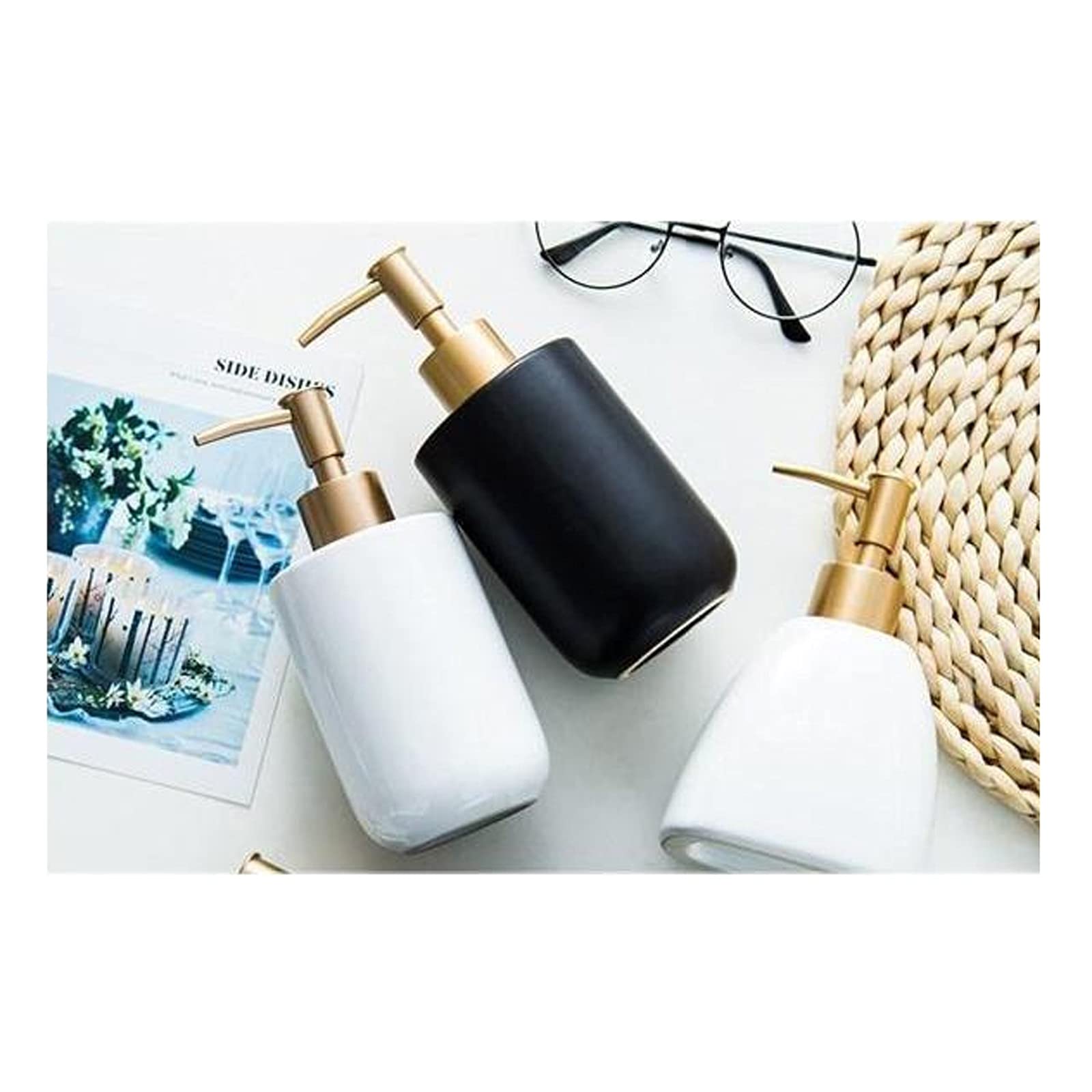 Dispenser di Sapone in Ceramica per Bagno, sottobottiglia per Cucina e flacone per Shampoo e lozione Ricaricabile con Bianco e Nero (Colore: Bianco, Dimensioni).
