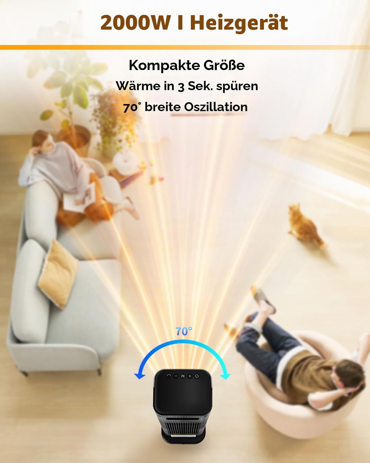 Sendowtek Heizlüfter mit Thermostat und Fernbedienung, Tragbare, 2000W | 3 Temp, Überhitzungs Kippschutz, 70° Oszillation,12H Timer, ECO-Modus, Aufheizen, Heizung Elektrisch für Büro, Schlafzimmer.