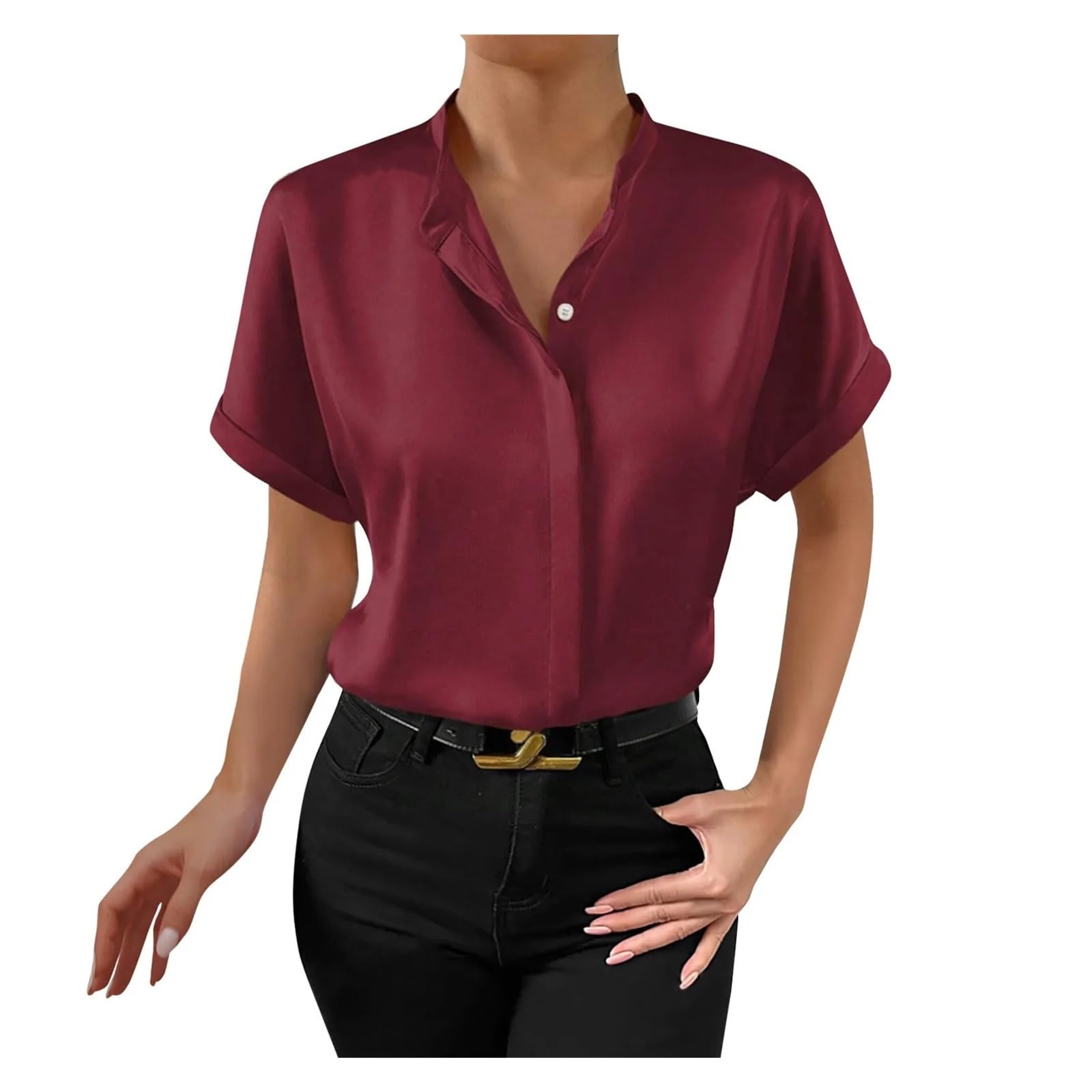 Copricostume Donna Camicia Da Donna Tinta Unita Elegante Scollo A V. Stand | Camicetta da donna for spostamenti formali a maniche corte