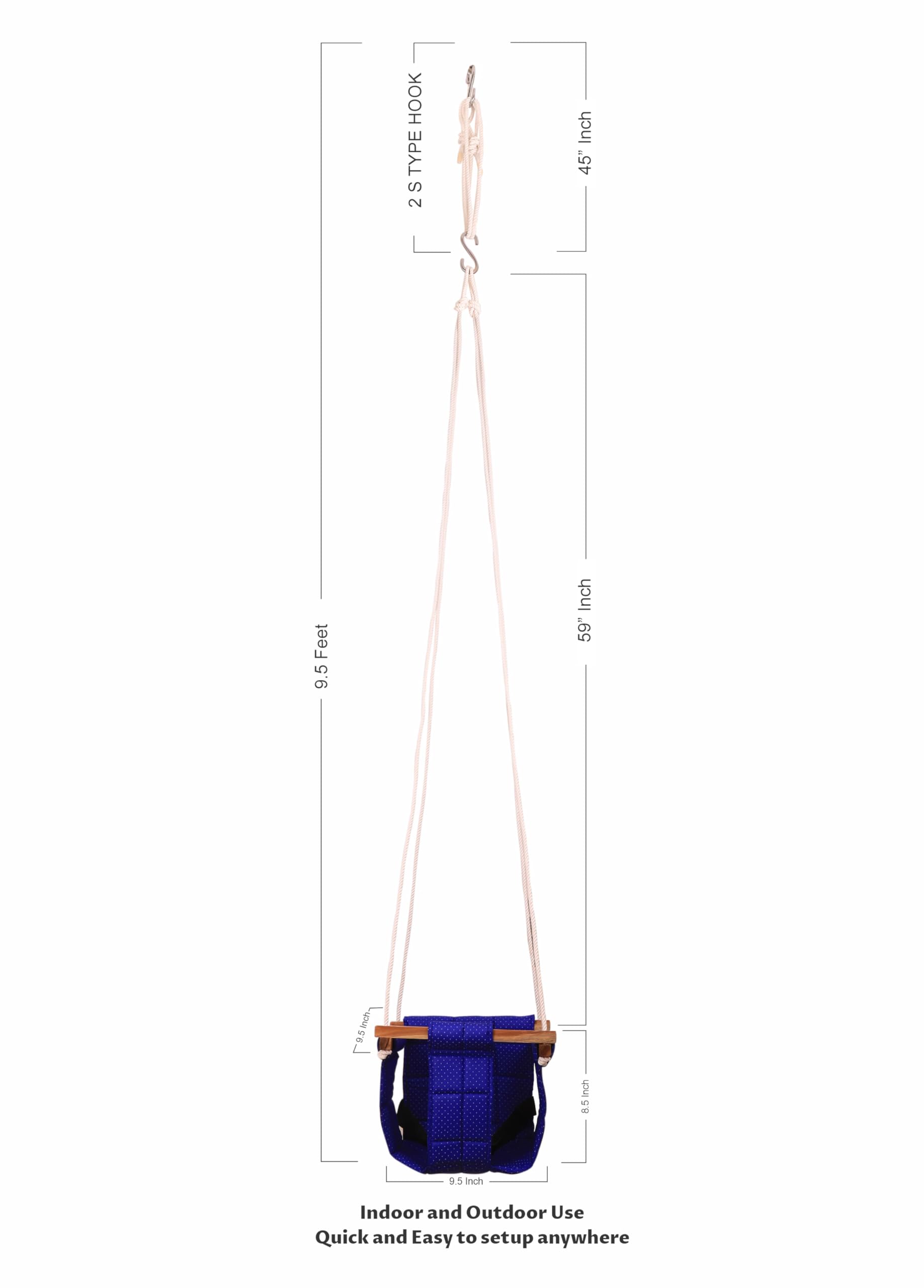 Ashish Swing for Baby and Kids - Indoor/Outdoor Jhula, Cradle for 8-36 Months, Height 114" Length 8.5"Cm, Cotton and Wood Material (Blue) 4