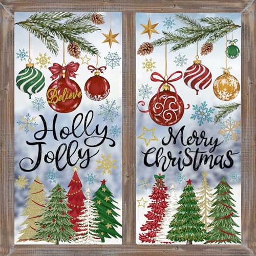 Heirloom Haven 6 Sheets Christmas Window Clings - Stickers, Oil Painting Xmas Tree Ball Pine Needle Decals, Winter Snowflake Stickers for Home Office Glass Window Decoration