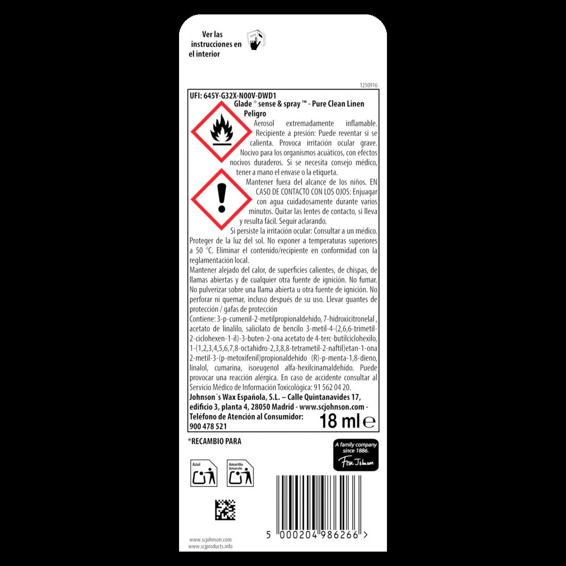 Glade Ambientador Automático Sense & Spray Clean Linen, con Sensor de Movimiento, Dura Hasta 60 Días, con Aceites Esenciales, 1 Recambio