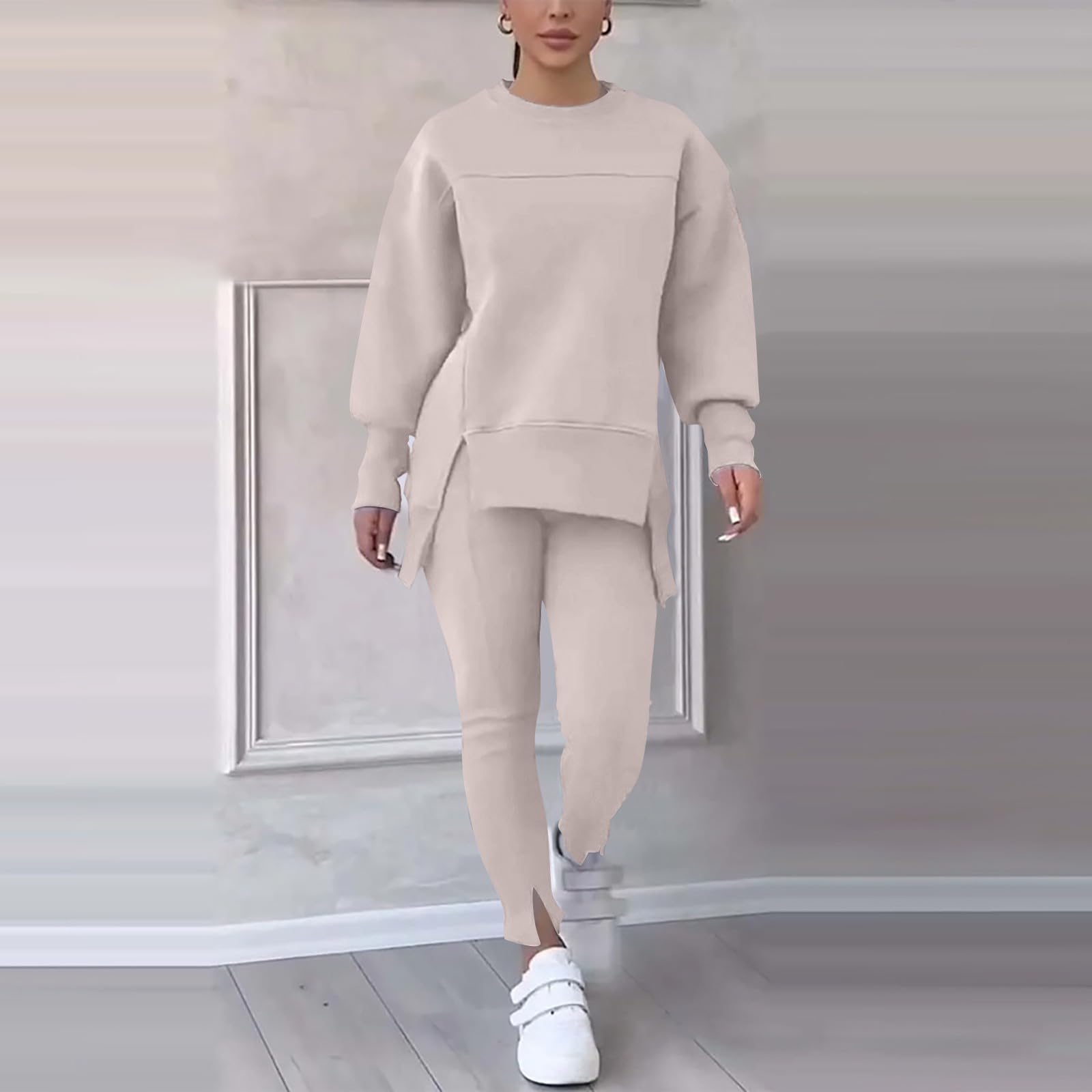 Streetwea - Tuta da ginnastica da donna, invernale, taglie S-2XL | Tuta sportiva da donna, 2 pezzi, vestibilità rilassata, girocollo, con spacco laterale, tinta unita, Y2K