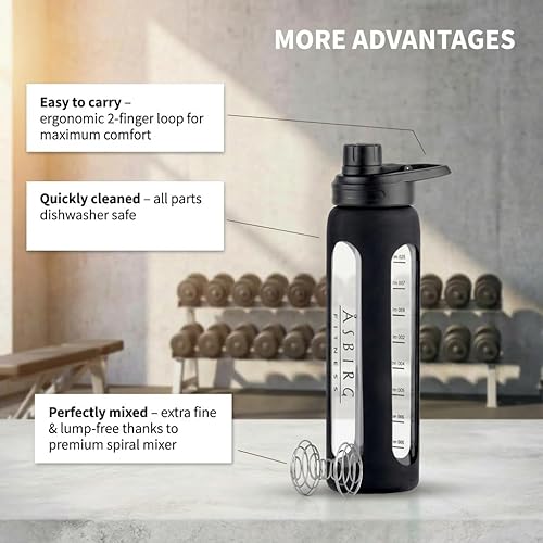 Miniatura 3 de 2.0  Botella mezcladora de proteínas de vidrio de 35 onzas, sin BPA, tapa a prueba de fugas, bola mezcladora de acero inoxidable y funda de