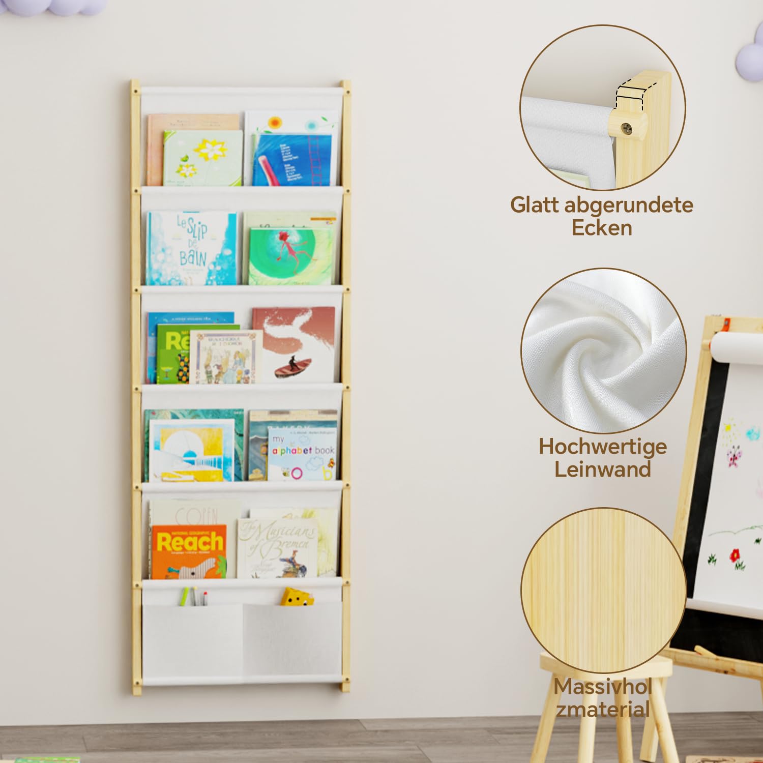 Bücherregal Kinder Wand Holz, mit 6 Lagige Taschen Wandregal Bücher Kinder, Montessori Bücherregal für Spielzeug, Kinderzimmer, Baby Zimmer, Spielzimmer, Kinderregal Bücher Aufbewahrung, 118*42CM