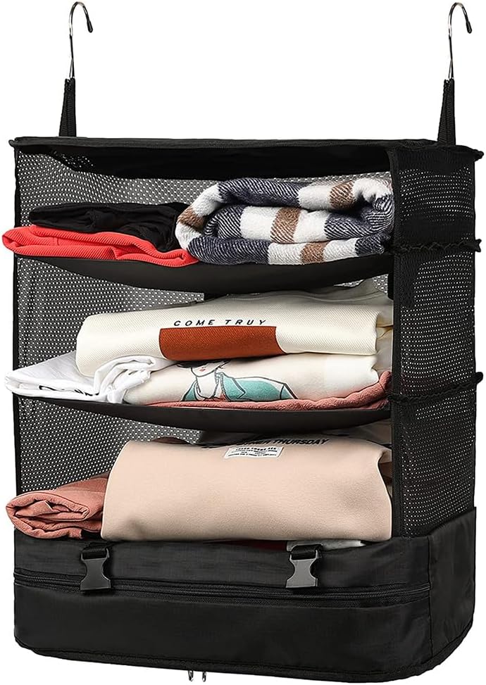 Travel Luggage Organizer, puseky Portable Travel Bag Shelves 3 Shelves Cube Suitcase Packaging Foldable Storage Bag for Hanging Closet, Space Saving