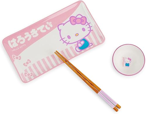 Sanrio Hello Kitty - Juego de platos de cerámica para sushi de 3 piezas con cuenco de salsa de soja y palillos de madera, vajilla de estilo japonés