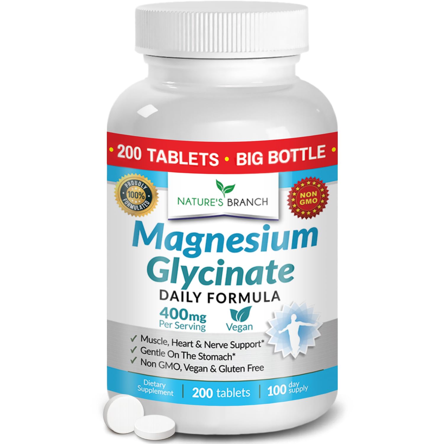 Magnesium Glycinate 400mg | 200 Tablets | High Absorption Mag Supplements for Sleep, Leg Cramps, Heart, Muscle, Calm | Non Buffered Bisglycinate, Extra Strength for Women and Men, Tablets Not Capsules