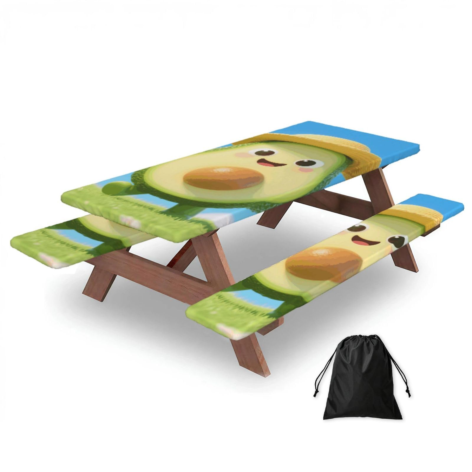 FekiLoot Avocado Cute Picnic Table Cover with Bench Covers and Bag, Windproof Waterproof Rectangle Tablecloth with Elastic Edges Fitted Camping Table Covers Portable Camping Accessories
