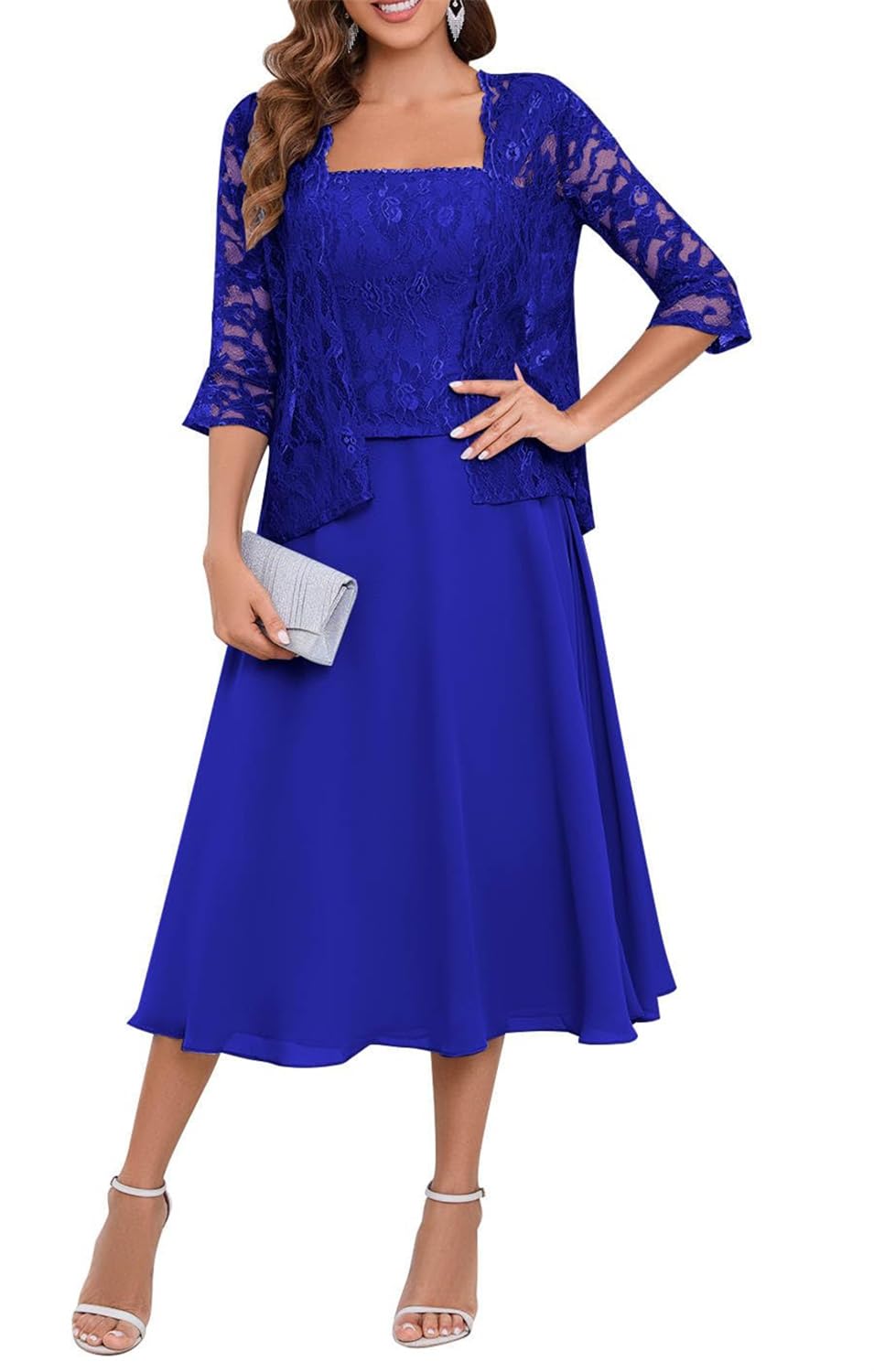 Yiann Women's Royal Blue Tea Length Mother Of The Bride Dresses For Chiffon Lace 2 Pieces Wedding Guest Dress Formal Gown Uk16