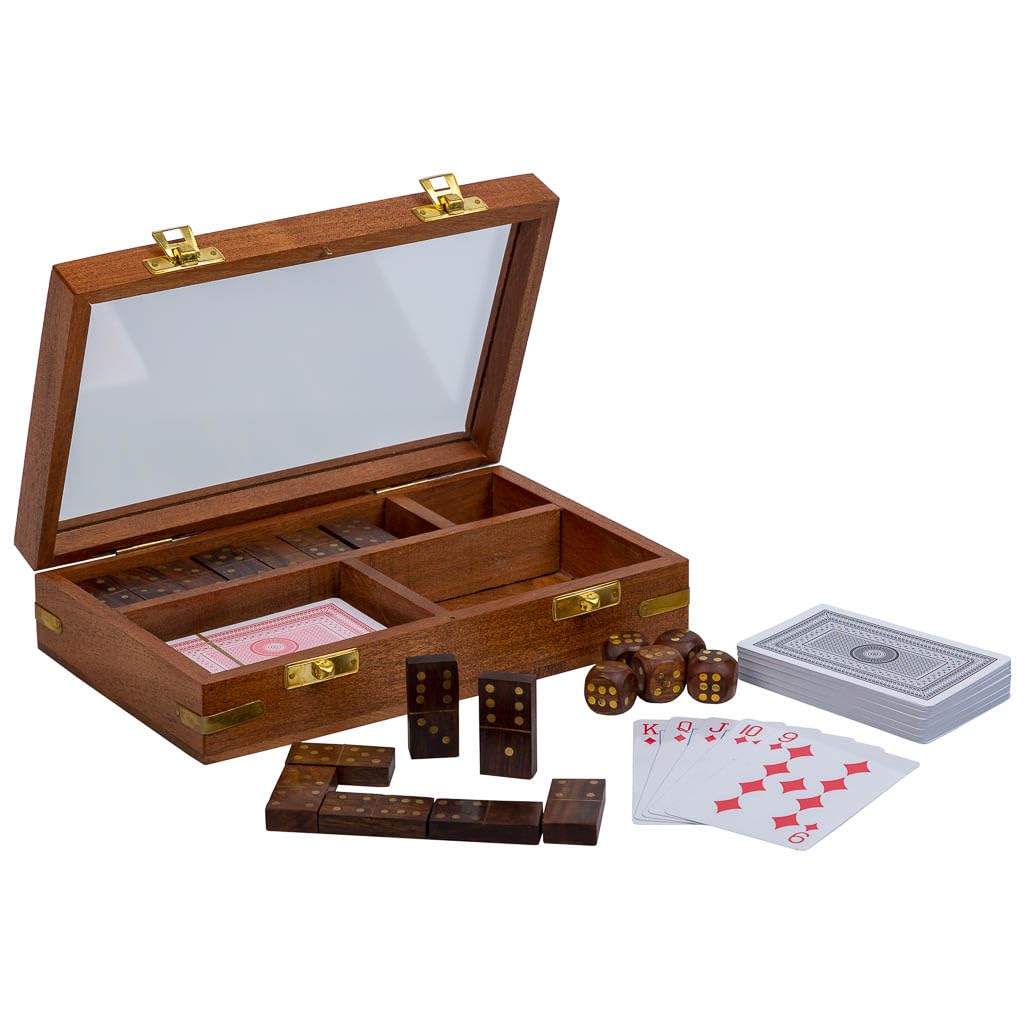 Juego 3/1 (dados+Dominó+cartas) en caja de madera marrón 15.5x12.75x5