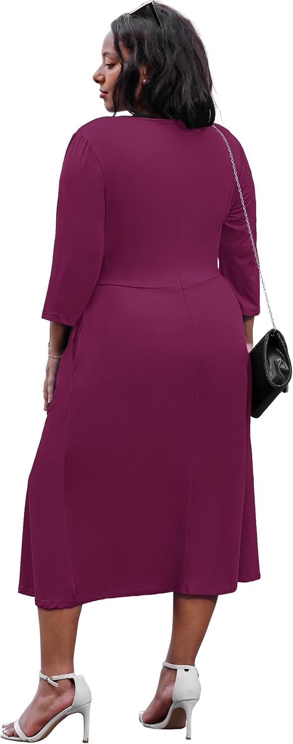 Nmoder Women's Plus Size Stretchy Flared Wrap Dress Casuel Wedding Guest Cocktail Work Midi Dresses V Neck 3/4 Sleeve A-Line Swing Rose Purple XL - Image 2