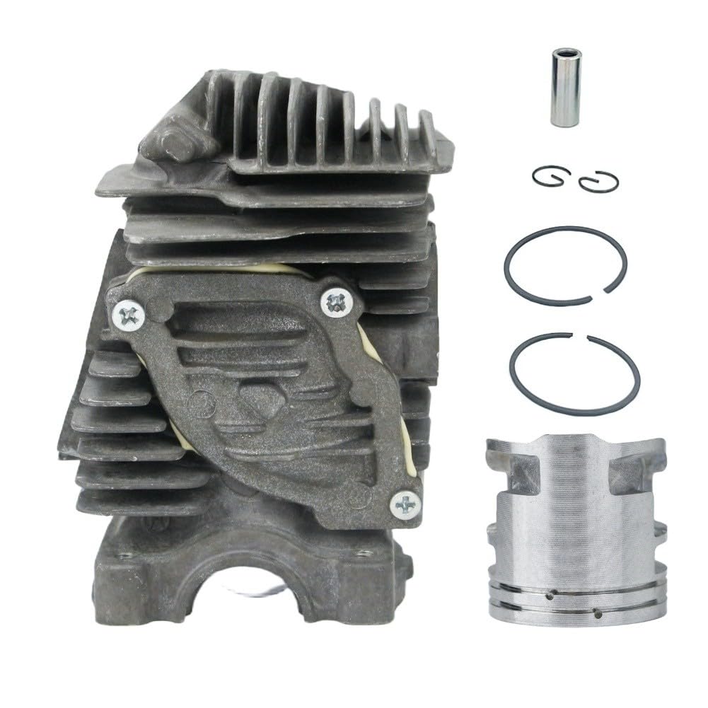 Conjunto de cilindro y pistón para motosierras MS171, MS181, MS181C, MS211 y MS290. Incluye pistón, perno cilíndrico, anillos de seguridad y clips.