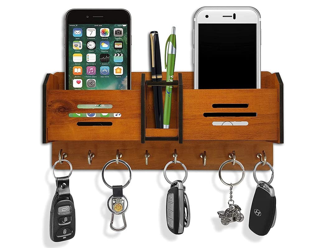 Neha Home Furnishing Wooden 8 Hook Key Holder Special Designer Pocket Pen, Mobile and TV Remote Stand (28cm x 12cm x 6cm, Brown) (B09VCPTWY5) Amazon Price History, Amazon Price Tracker