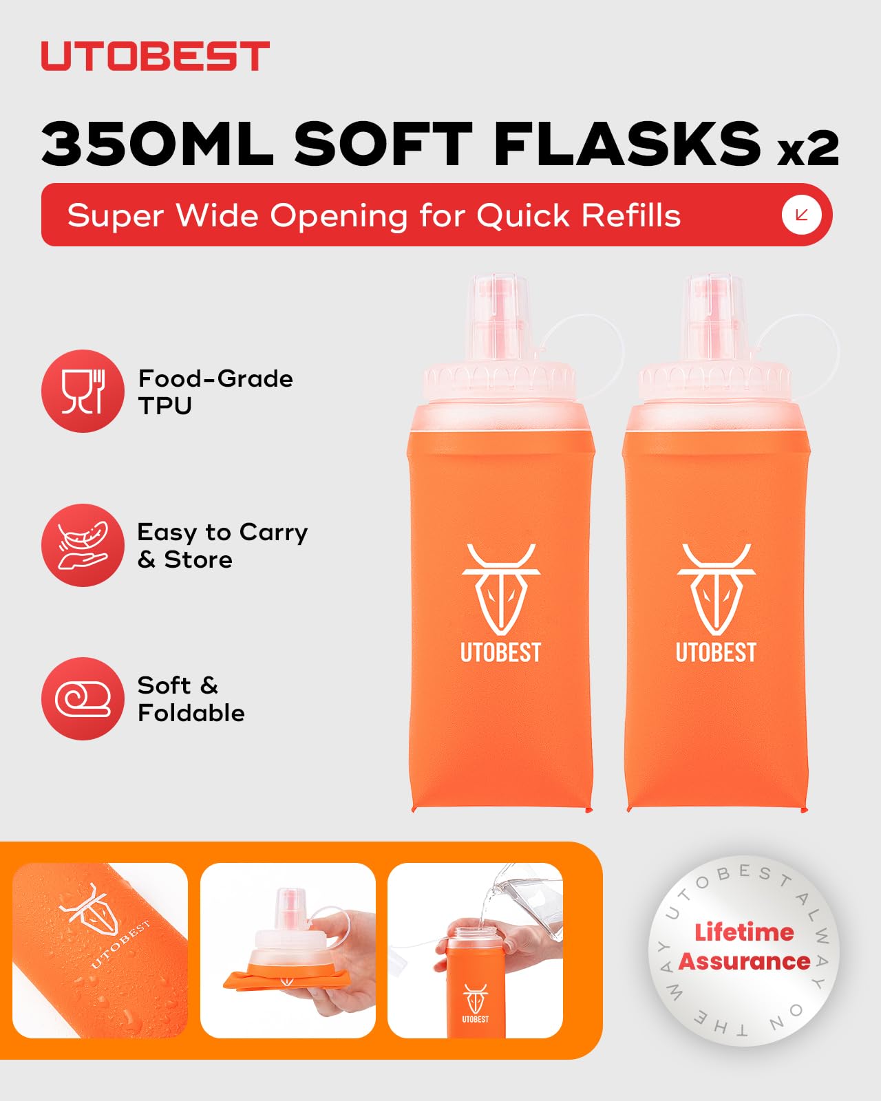 UTOBEST Gilet Course, Sac hydratation Leger avec 2*350ml flasque, Gris | 7 poches, grand support telephone, ajustement confortable, sans rebond, OSFM, mixte, trail, park run, marathon