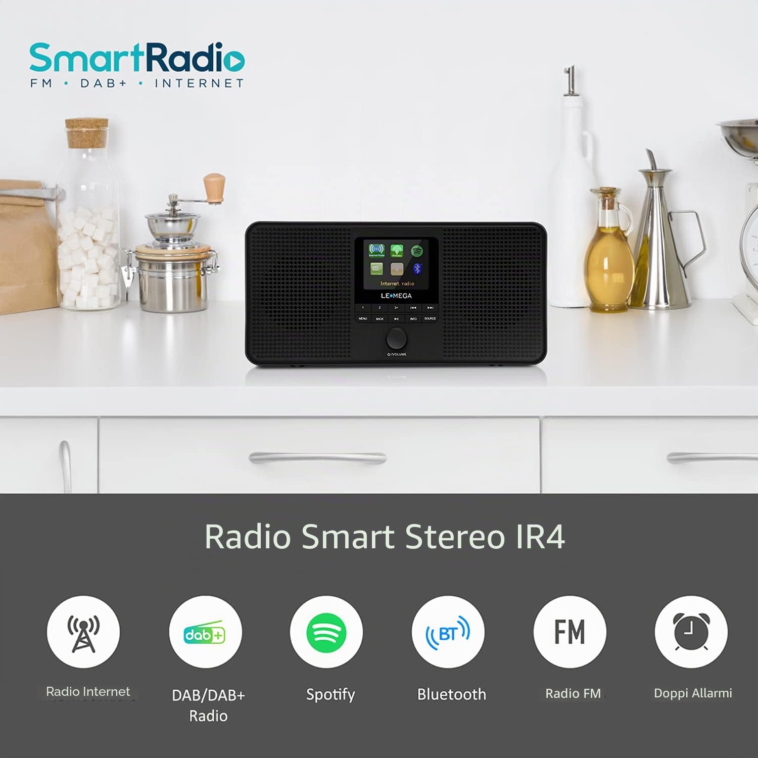 LEMEGA IR4S Radio Internet Stereo WiFi DAB+ FM Bluetooth Altoparlante Sveglia 60 Preimpostazioni Nera