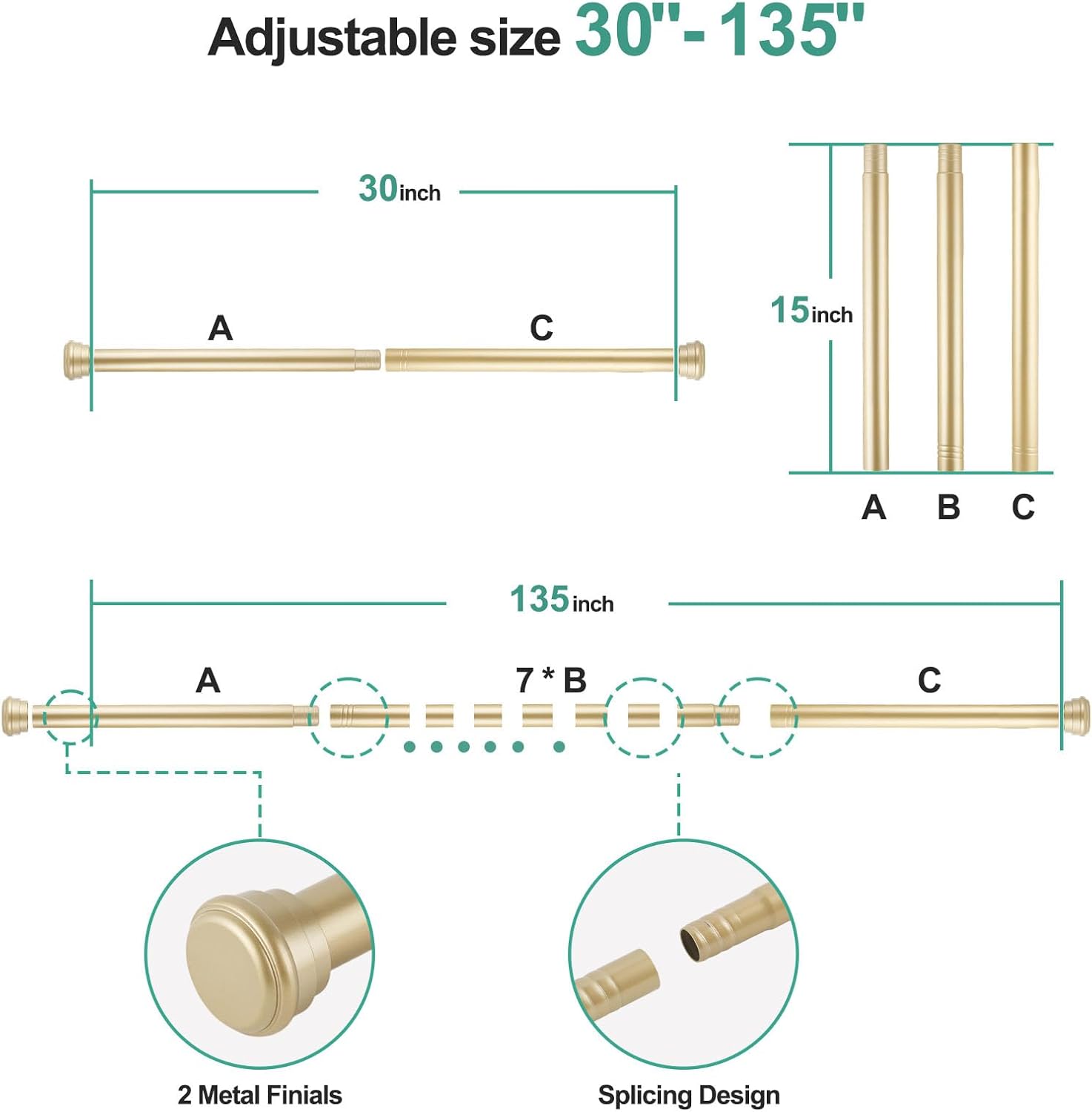 Curtain Rods No Drilling for Windows 30-135 Inch, Renter Friendly Adjustable Curtain Rod, Heavy Duty Metal Drapery Rods with Adhesive Brackets, Gold