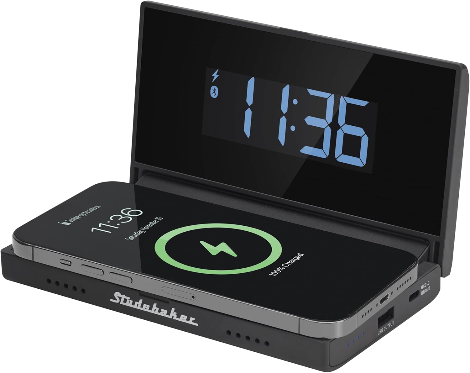 Studebaker Techmate All-in-One: Portable Travel Clock, Wireless & Wired Phone Charger, Bluetooth Speaker, and Power Bank (Black)