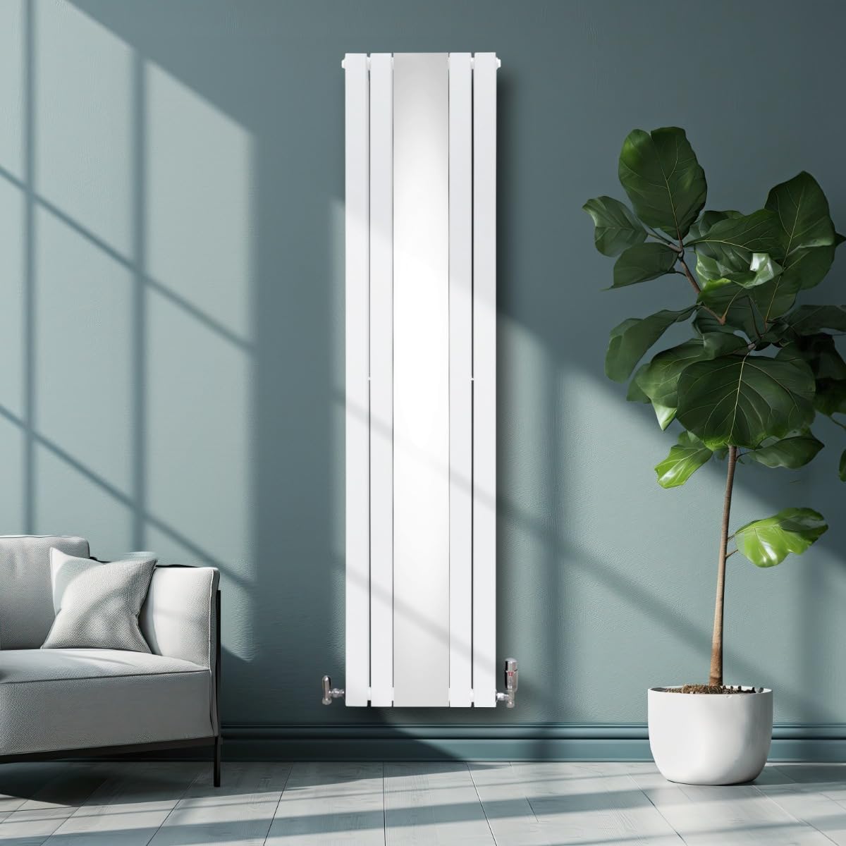 Radiatore con specchio 1800mm x 425mm e valvole TRV cromate Radiatore di design a doppia colonna verticale in acciaio al carbonio Bianco Kit di fissaggio e staffe con spazzola di pulizia