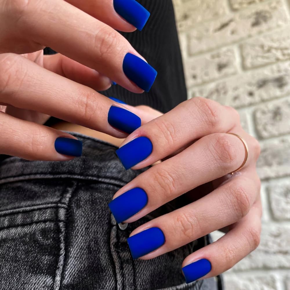 KQueenest Matte Royal Blue Press on Nails Short Square, Short False Nails Coffin, Velvet Solid Burgundy Small Fake Nails Set - Image 3