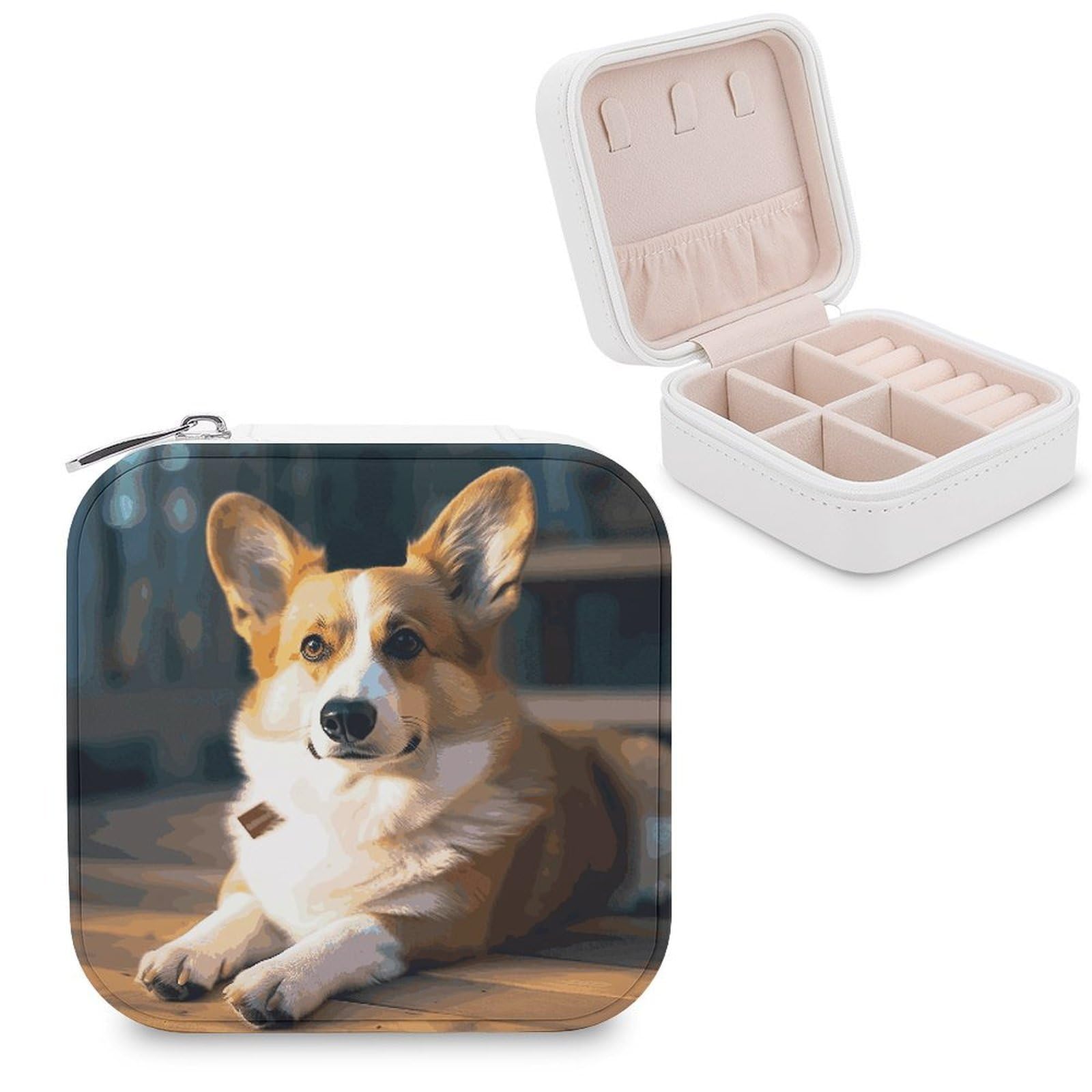 JTREHY Smart Corgi Jewelry Box Personalized PU Jewelry Box Exquisite Jewelrys Organizer Case Small Portable Jewellery Storage Holder for Rings Earrings Necklaces Gifts