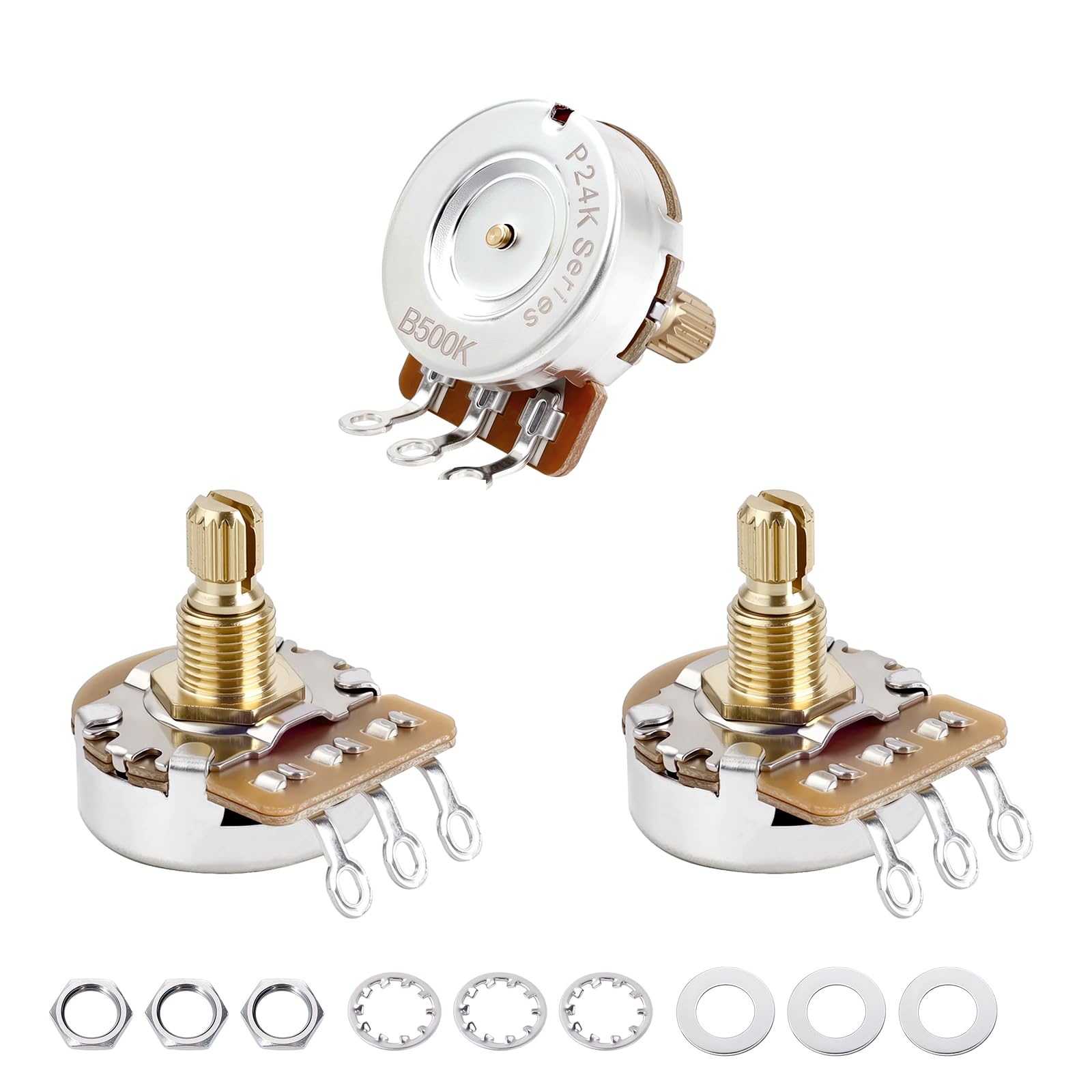 Banworks Brass A500K+B500K (1A2B) M8 Thread Full Sized Guitar Pot 18-Spline | 15mm Length Split Shaft Audio &amp; Linear Taper Potentiometers Metric for Epiphone Les Paul LP/SG Squier Strat/Tele JT/XNQ-15
