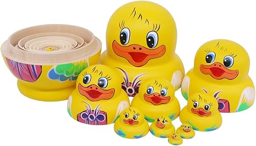 Miniatura 5 de Winterworm Juego de 10 muñecas de madera hechas a mano con diseño de pato amarillo de vientre grande para niños, regalo de Navidad, cumpleaños,