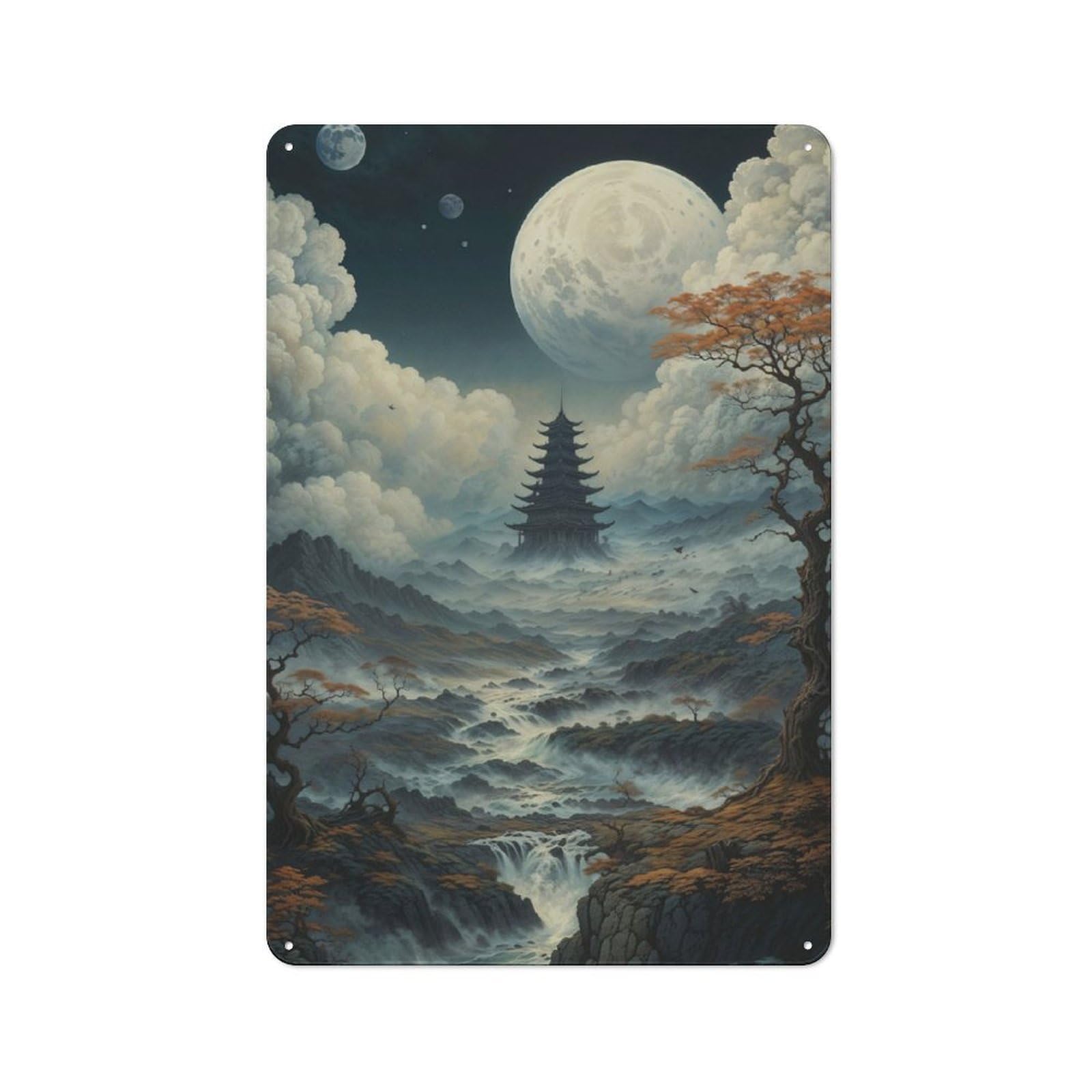 Junmoney Pagoda Under The Full Moon Retro Metal Wall Sign 30X20cm With For Pub Or Café, A Housewarming Gift For Hospitality Wall Decor Collectors